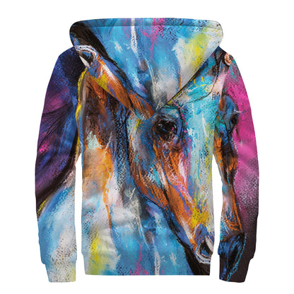 Colorful Horse Painting Print Sherpa Lined Zip Up Hoodie
