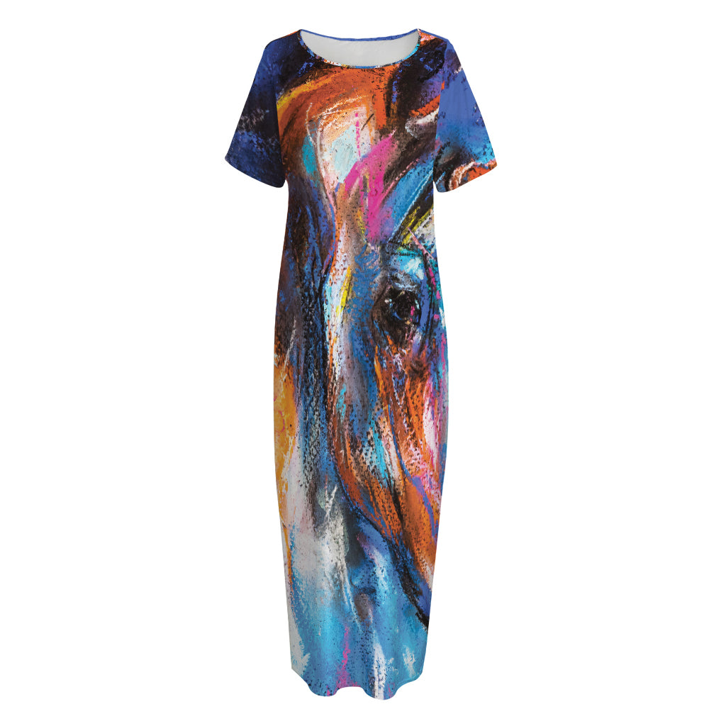 Colorful Horse Painting Print Short Sleeve Long Nightdress