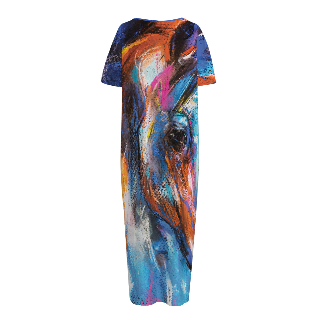 Colorful Horse Painting Print Short Sleeve Long Nightdress