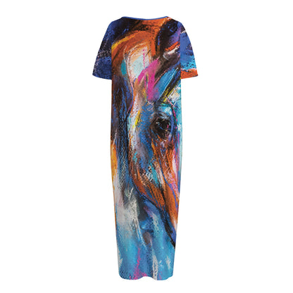 Colorful Horse Painting Print Short Sleeve Long Nightdress