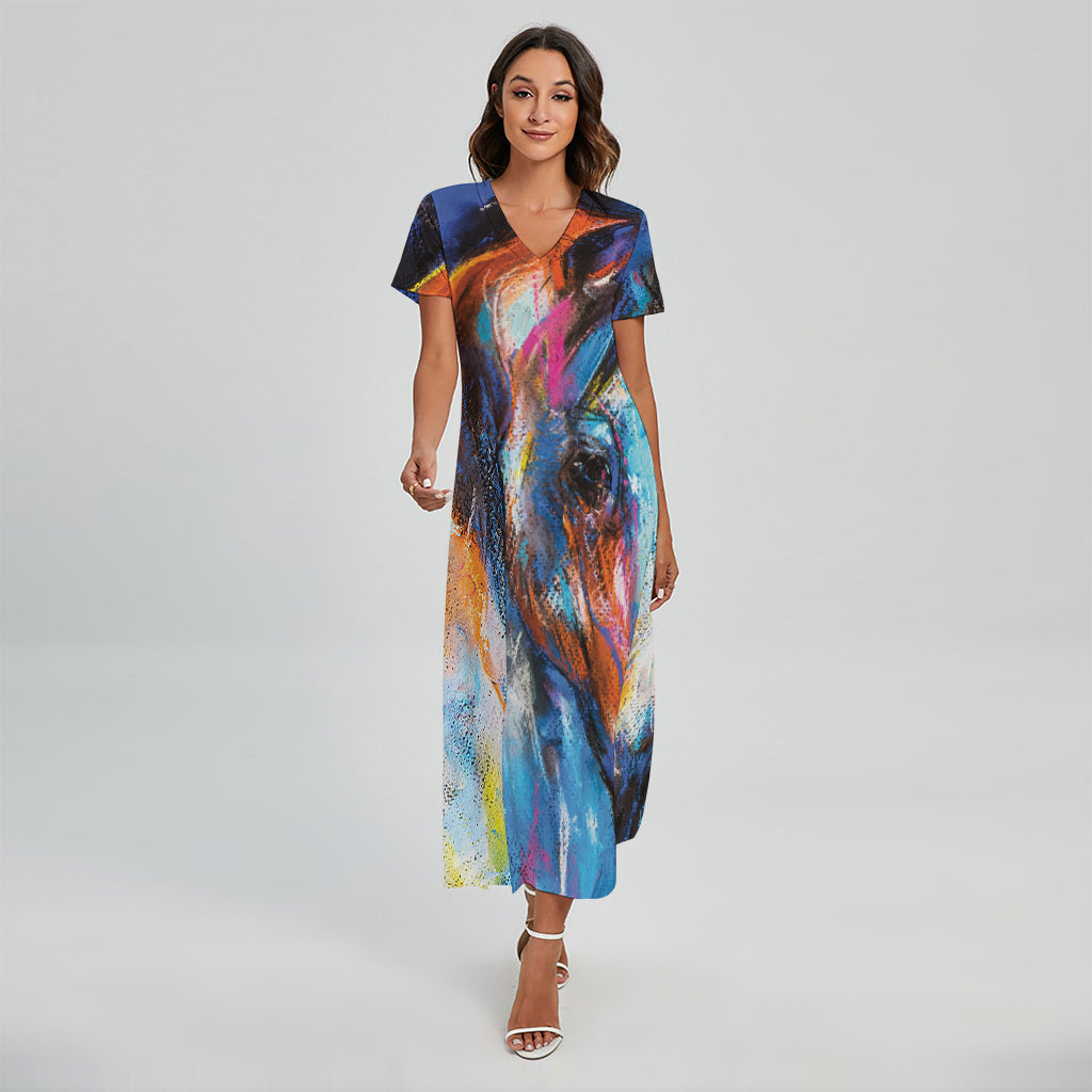 Colorful Horse Painting Print Short Sleeve Maxi Dress