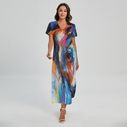 Colorful Horse Painting Print Short Sleeve Maxi Dress