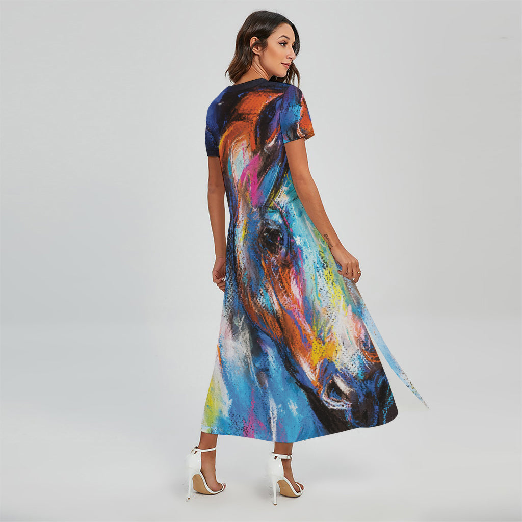 Colorful Horse Painting Print Short Sleeve Maxi Dress