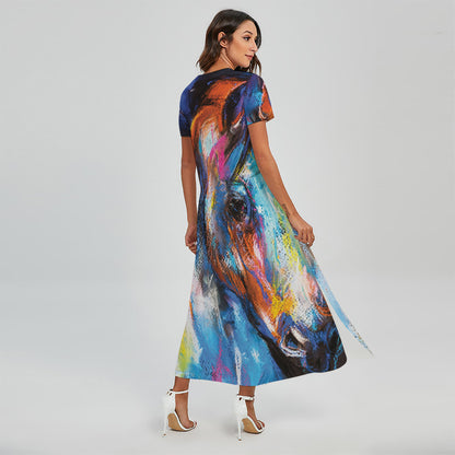 Colorful Horse Painting Print Short Sleeve Maxi Dress