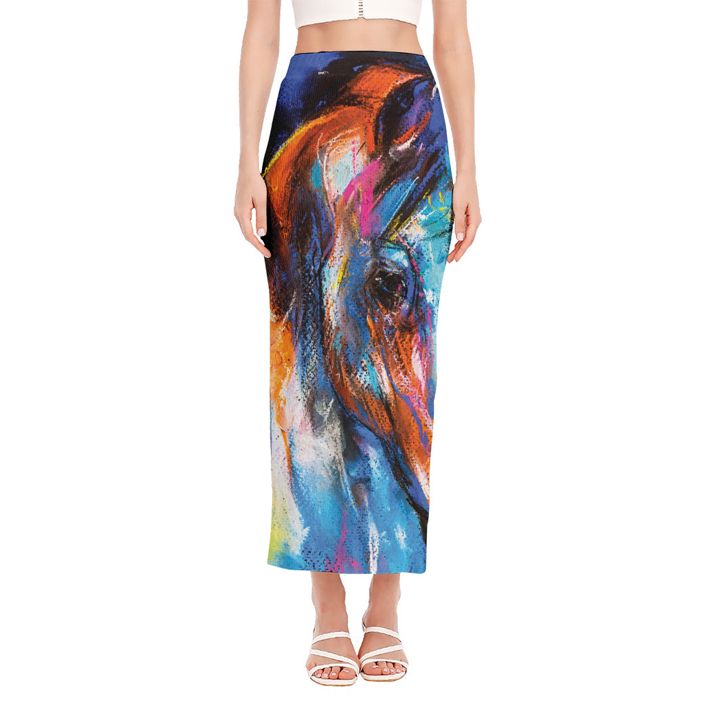 Colorful Horse Painting Print Side Slit Maxi Skirt