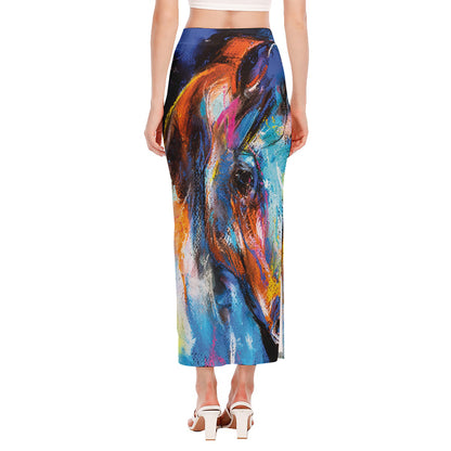Colorful Horse Painting Print Side Slit Maxi Skirt