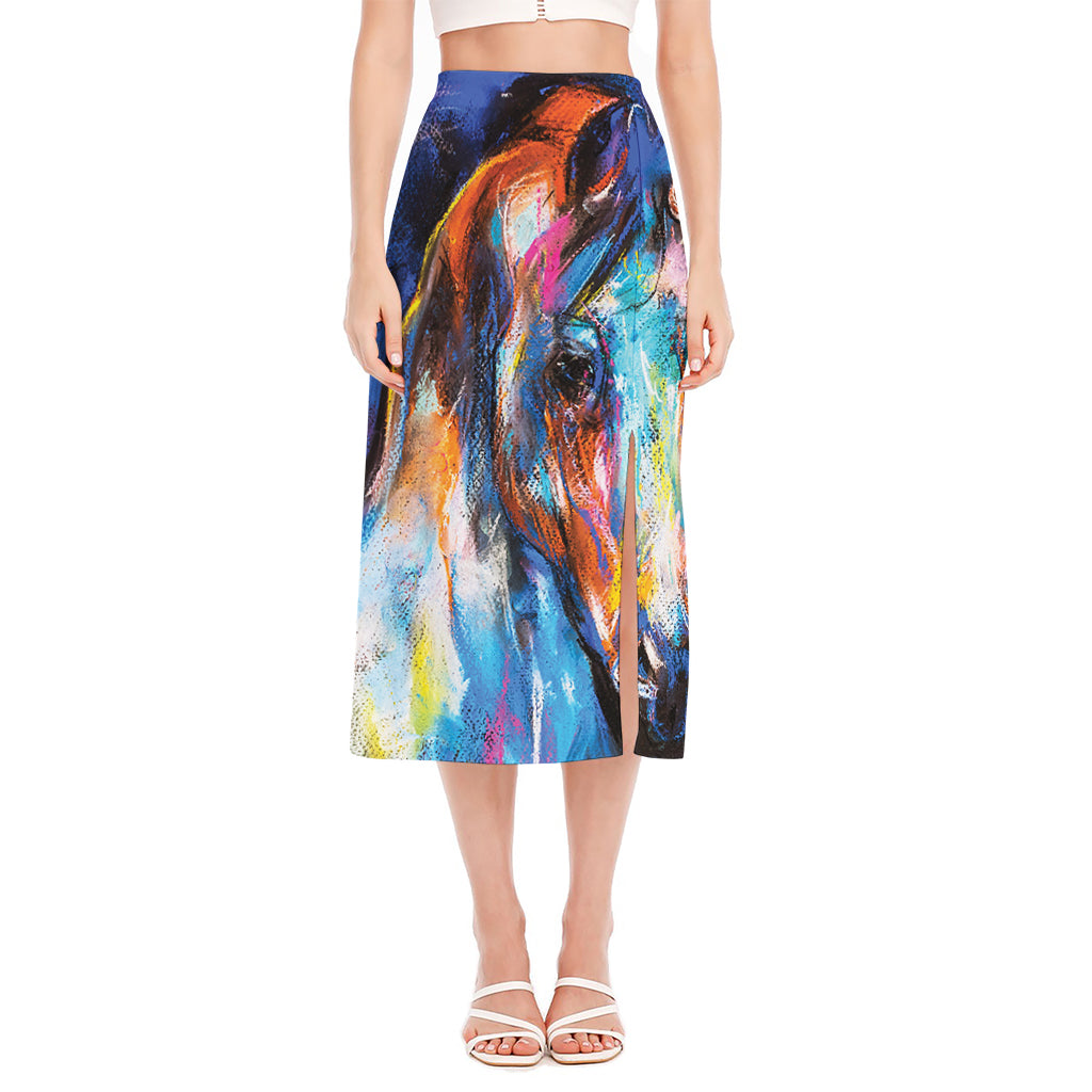 Colorful Horse Painting Print Side Slit Midi Skirt