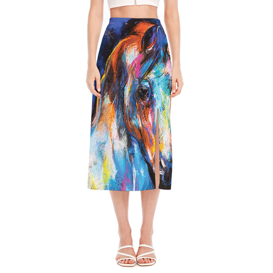 Colorful Horse Painting Print Side Slit Midi Skirt