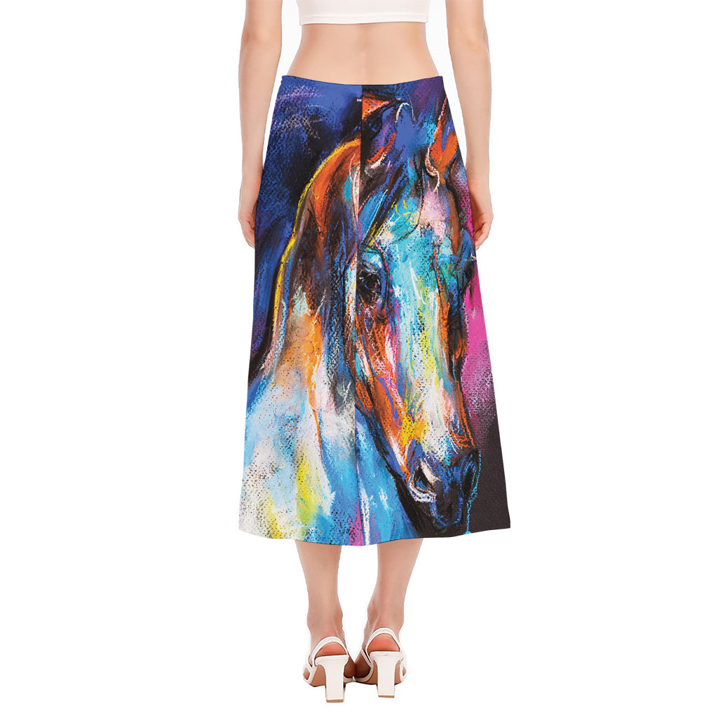 Colorful Horse Painting Print Side Slit Midi Skirt