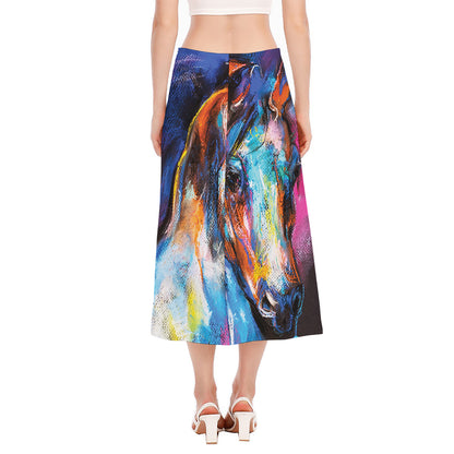 Colorful Horse Painting Print Side Slit Midi Skirt