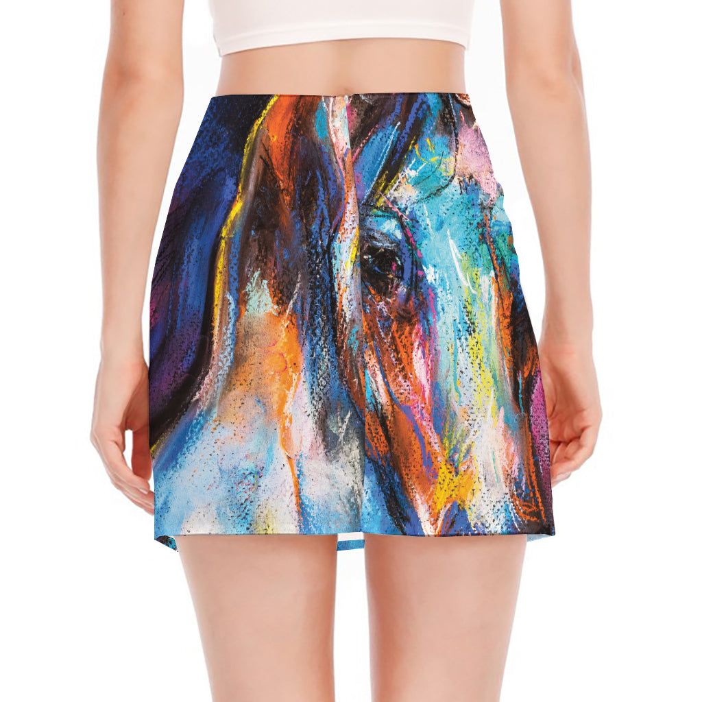 Colorful Horse Painting Print Side Slit Mini Skirt