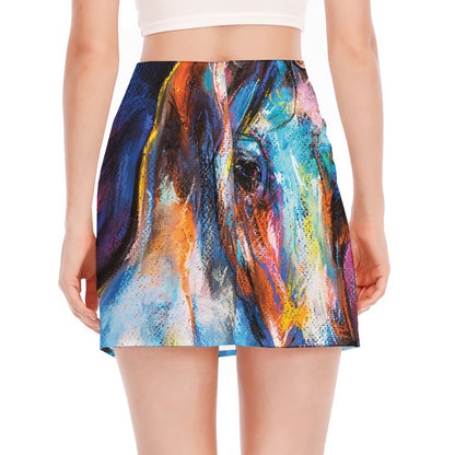 Colorful Horse Painting Print Side Slit Mini Skirt