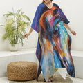 Colorful Horse Painting Print Silk V-Neck Kaftan Dress