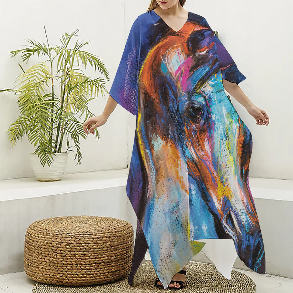 Colorful Horse Painting Print Silk V-Neck Kaftan Dress