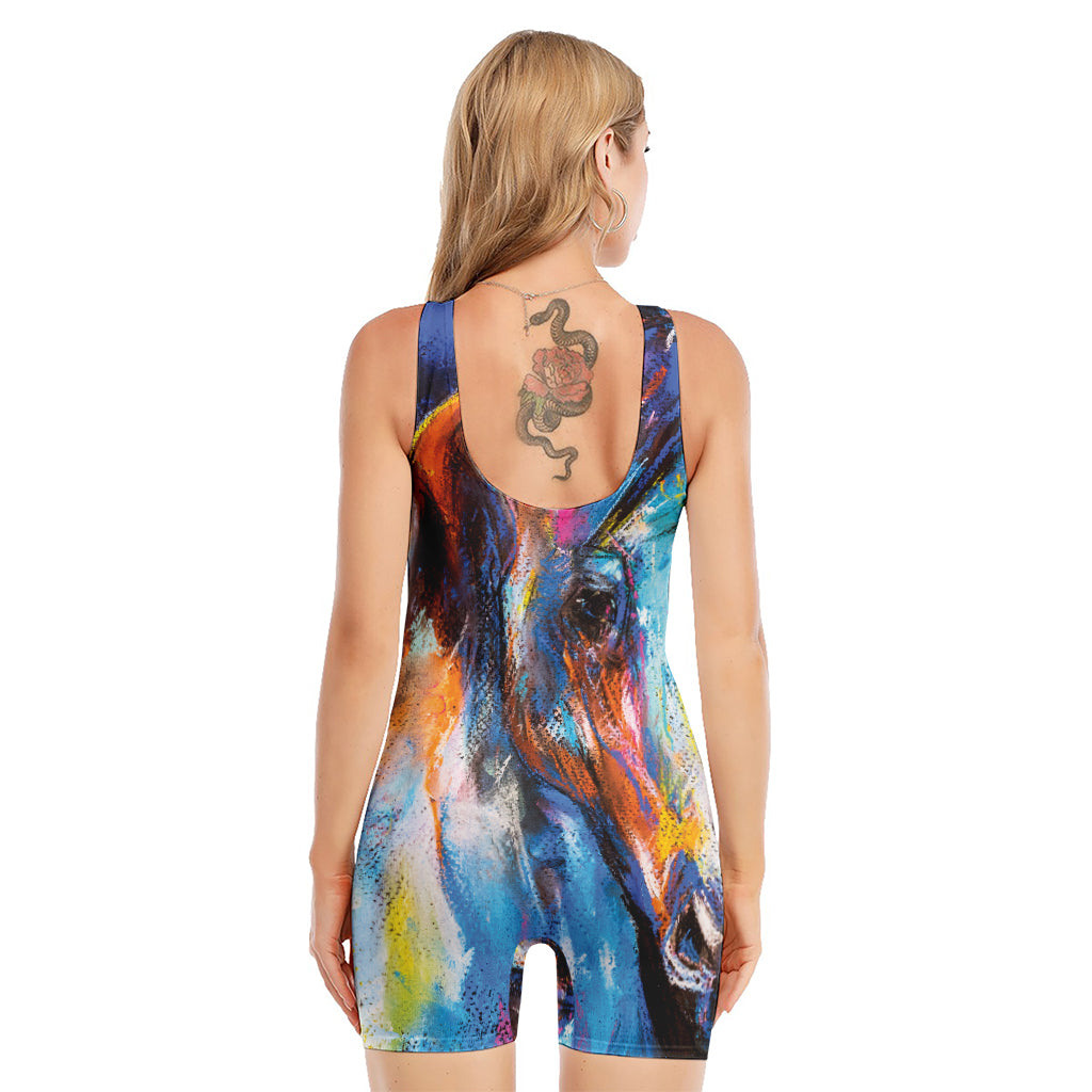 Colorful Horse Painting Print Sleeveless One Piece Swimsuit