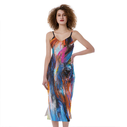 Colorful Horse Painting Print Slim Fit Midi Cami Dress