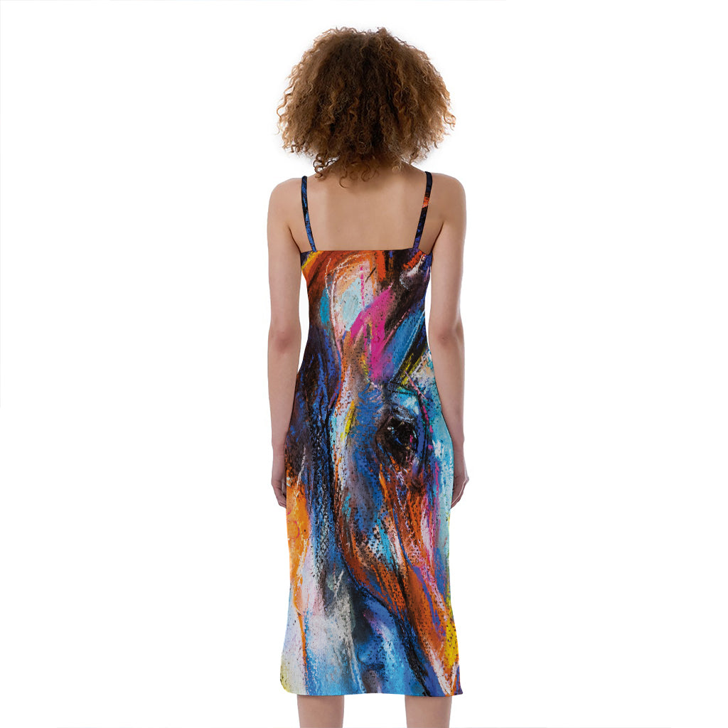 Colorful Horse Painting Print Slim Fit Midi Cami Dress
