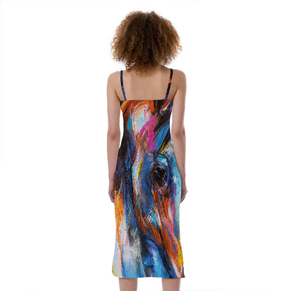 Colorful Horse Painting Print Slim Fit Midi Cami Dress