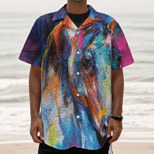 Colorful Horse Painting Print Textured Short Sleeve Shirt