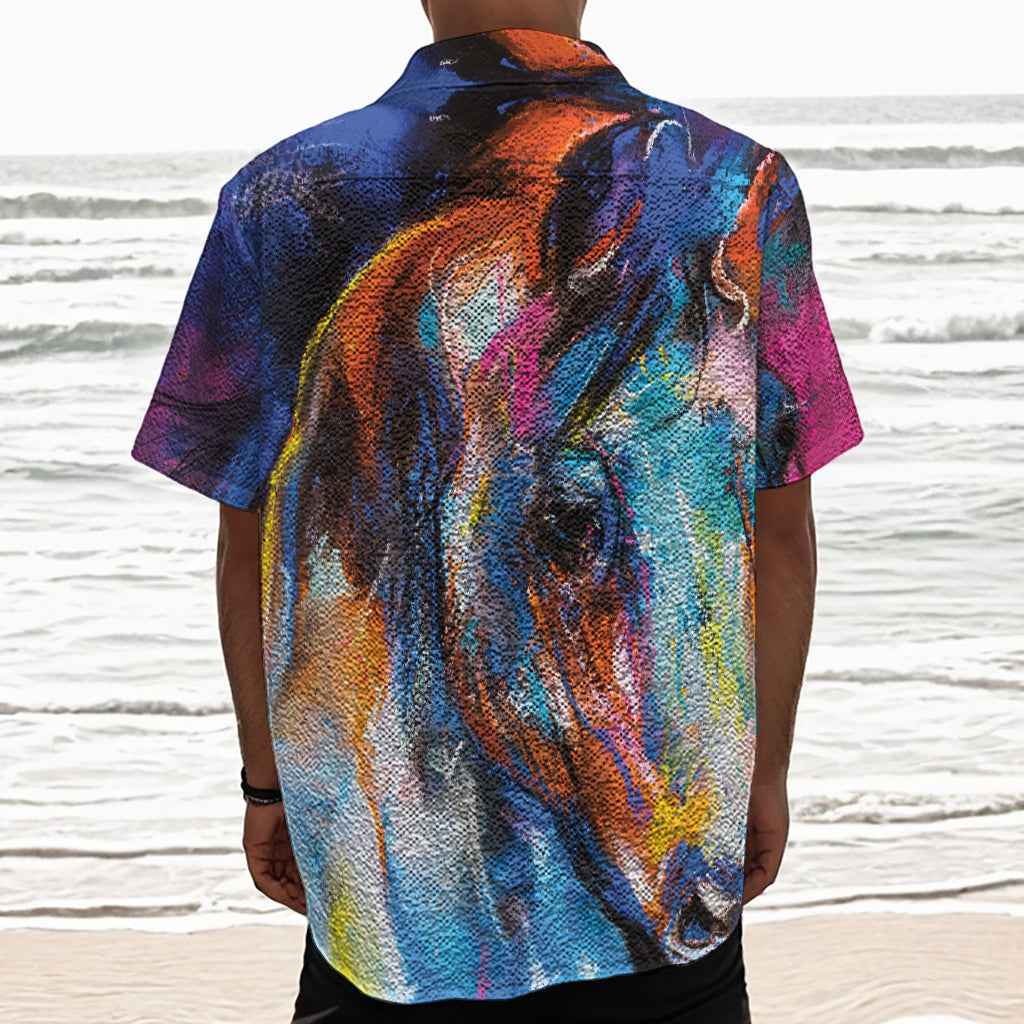 Colorful Horse Painting Print Textured Short Sleeve Shirt