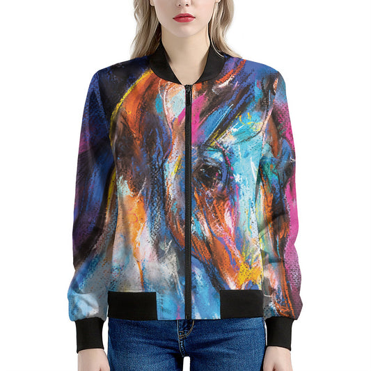 Colorful Horse Painting Print Women's Bomber Jacket