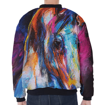 Colorful Horse Painting Print Zip Sleeve Bomber Jacket