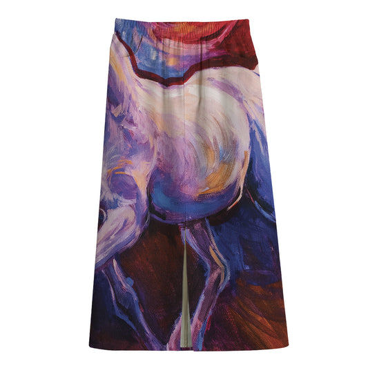 Colorful Horse Portrait Print Cotton Front Slit Maxi Skirt