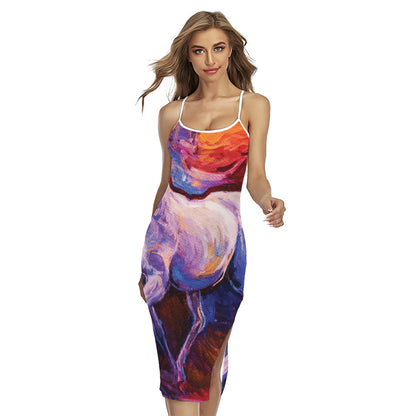 Colorful Horse Portrait Print Cross Back Cami Dress