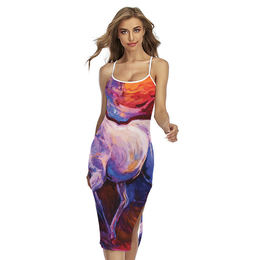 Colorful Horse Portrait Print Cross Back Cami Dress