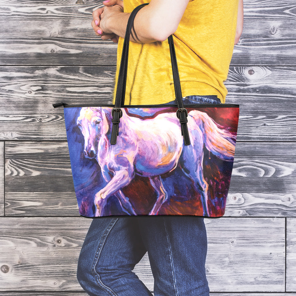 Colorful Horse Portrait Print Leather Tote Bag