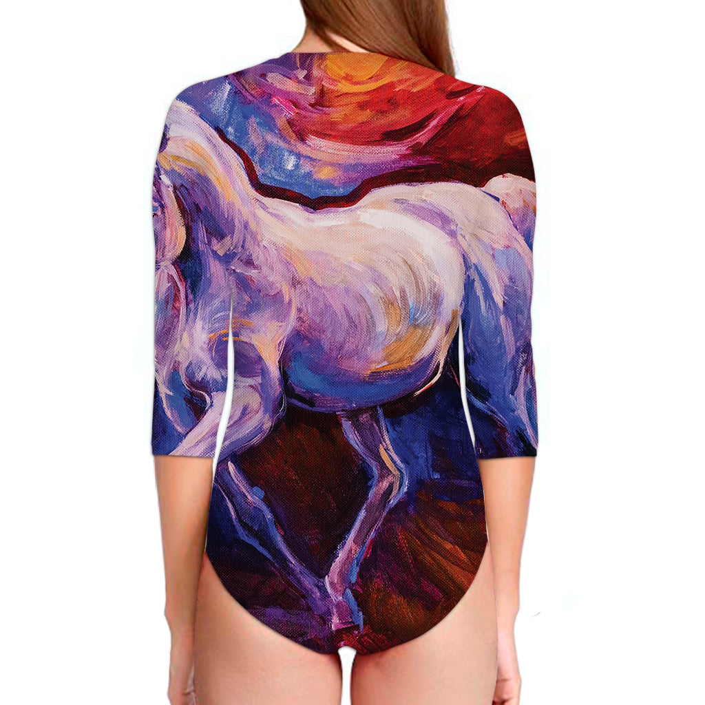 Colorful Horse Portrait Print Long Sleeve Swimsuit