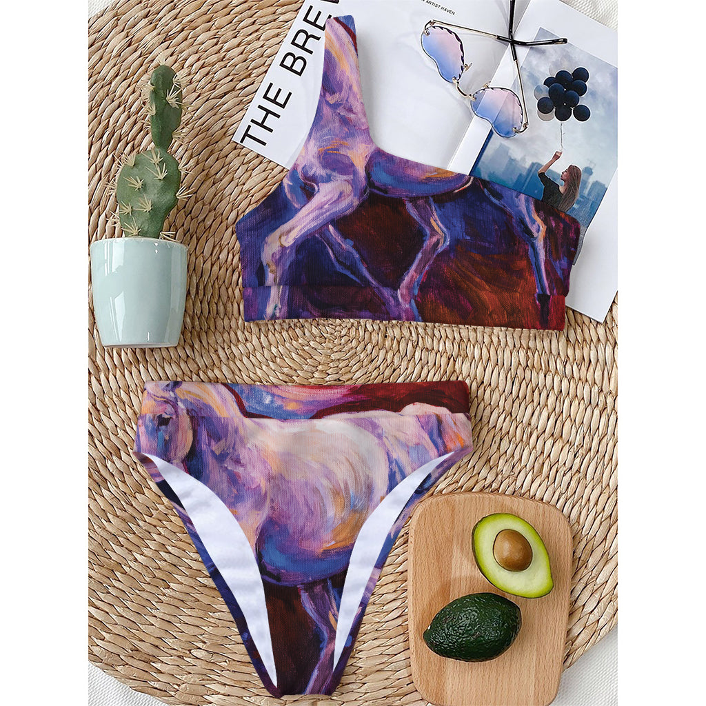 Colorful Horse Portrait Print One Shoulder Bikini Top