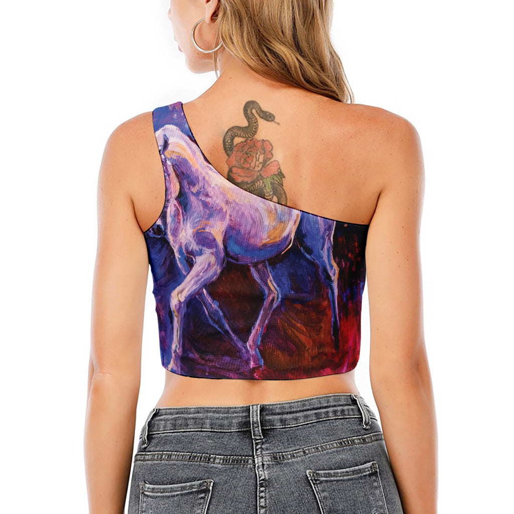 Colorful Horse Portrait Print One Shoulder Crop Top