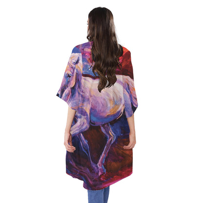 Colorful Horse Portrait Print Open Front Beach Cover Up
