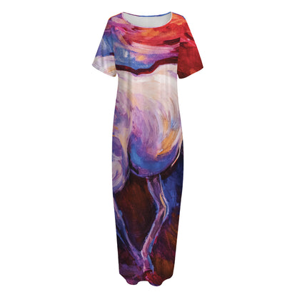 Colorful Horse Portrait Print Short Sleeve Long Nightdress