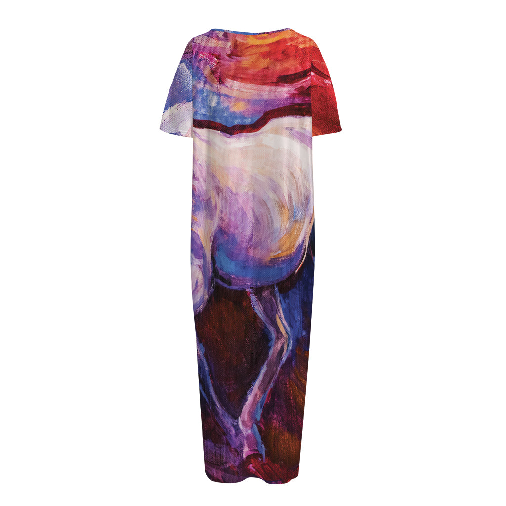Colorful Horse Portrait Print Short Sleeve Long Nightdress