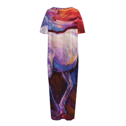 Colorful Horse Portrait Print Short Sleeve Long Nightdress