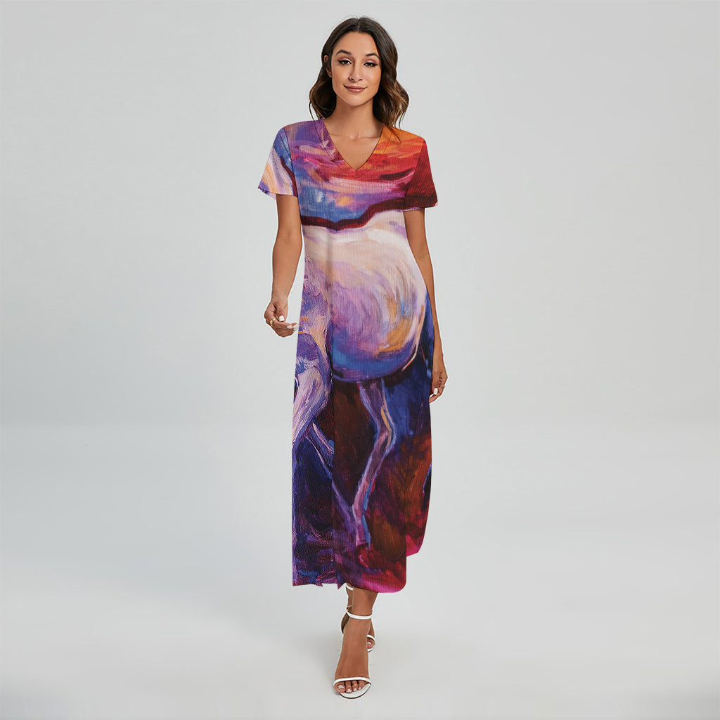 Colorful Horse Portrait Print Short Sleeve Maxi Dress