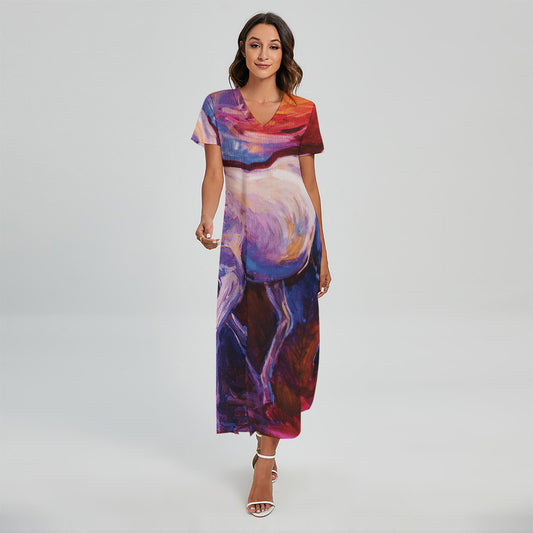 Colorful Horse Portrait Print Short Sleeve Maxi Dress