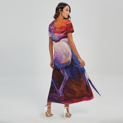 Colorful Horse Portrait Print Short Sleeve Maxi Dress
