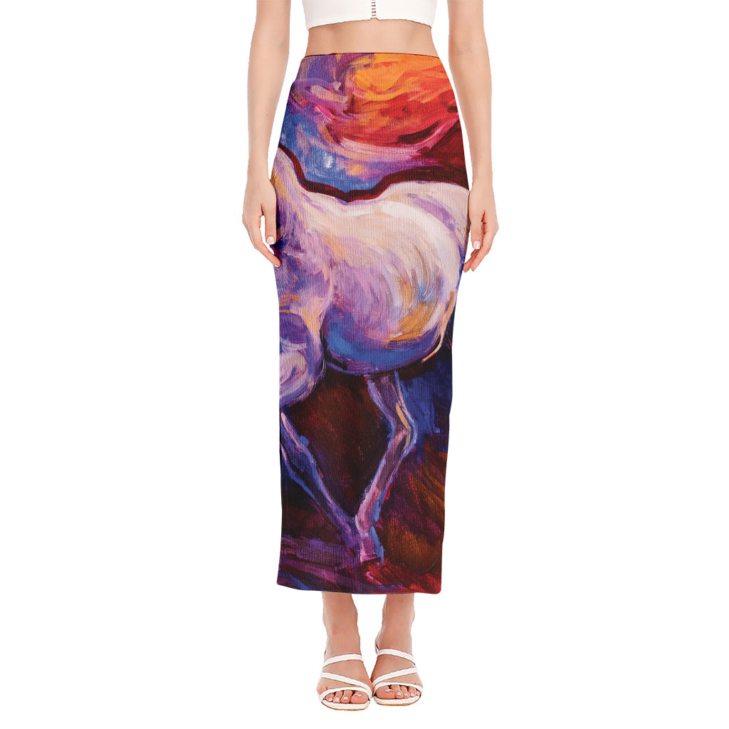 Colorful Horse Portrait Print Side Slit Maxi Skirt