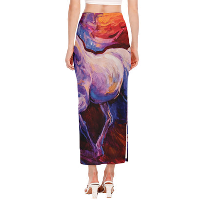 Colorful Horse Portrait Print Side Slit Maxi Skirt