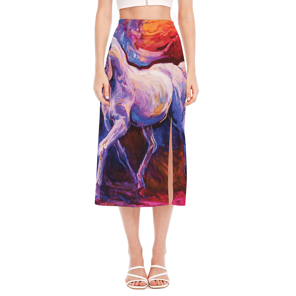 Colorful Horse Portrait Print Side Slit Midi Skirt