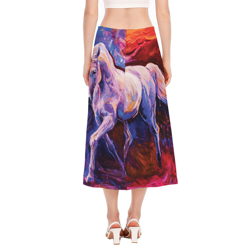 Colorful Horse Portrait Print Side Slit Midi Skirt