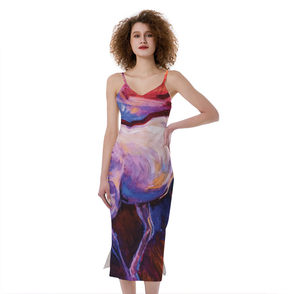Colorful Horse Portrait Print Slim Fit Midi Cami Dress