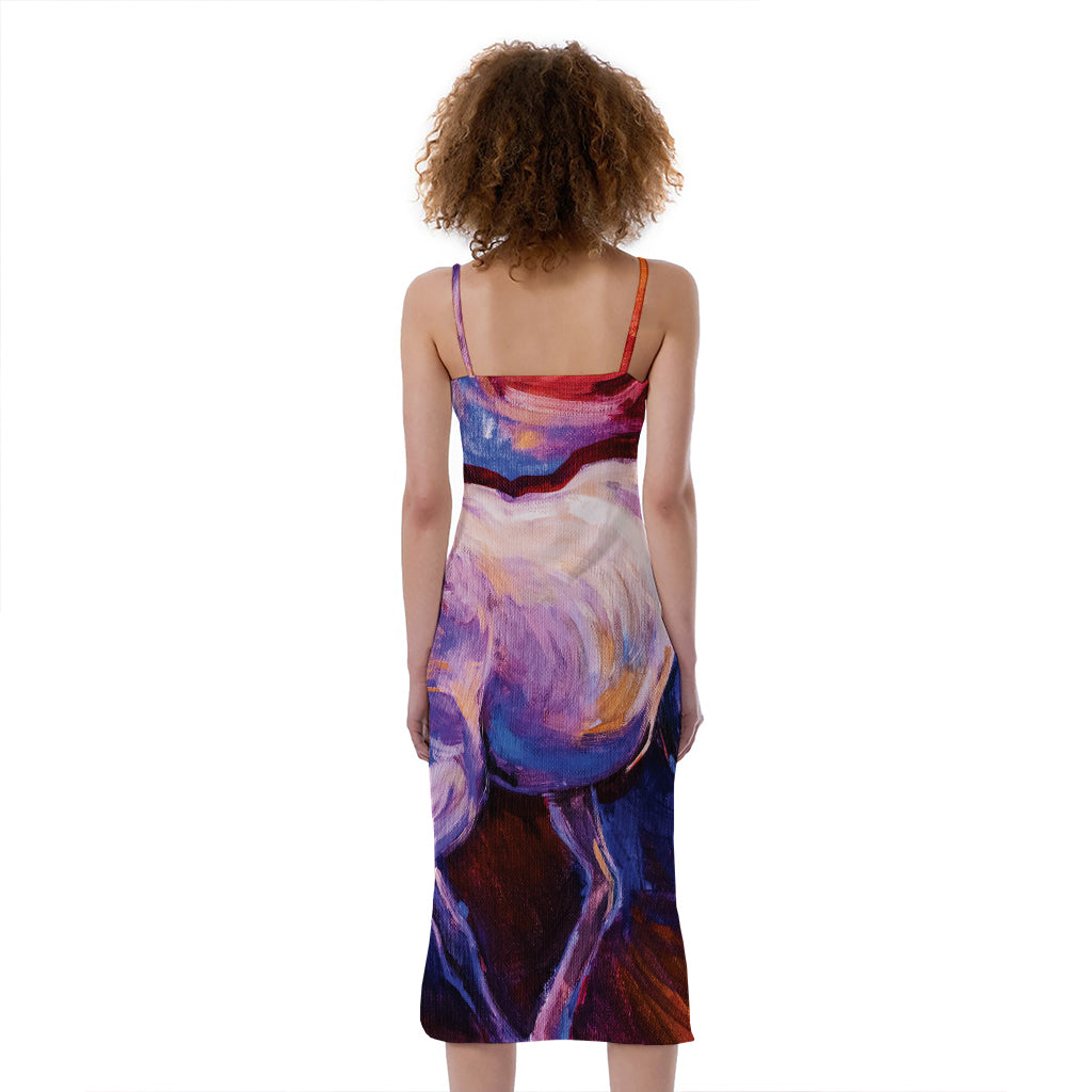 Colorful Horse Portrait Print Slim Fit Midi Cami Dress