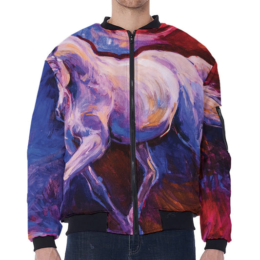 Colorful Horse Portrait Print Zip Sleeve Bomber Jacket