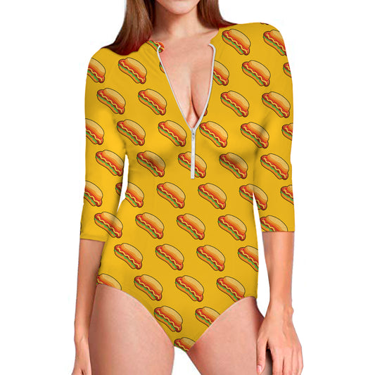 Colorful Hot Dog Pattern Print Long Sleeve Swimsuit