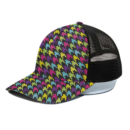 Colorful Houndstooth Pattern Print Black Mesh Trucker Cap