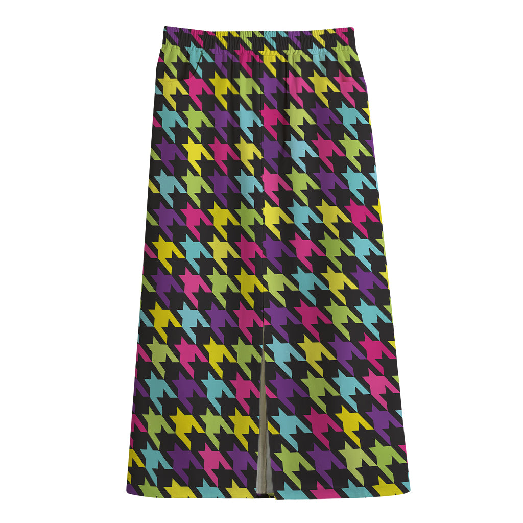 Colorful Houndstooth Pattern Print Cotton Front Slit Maxi Skirt